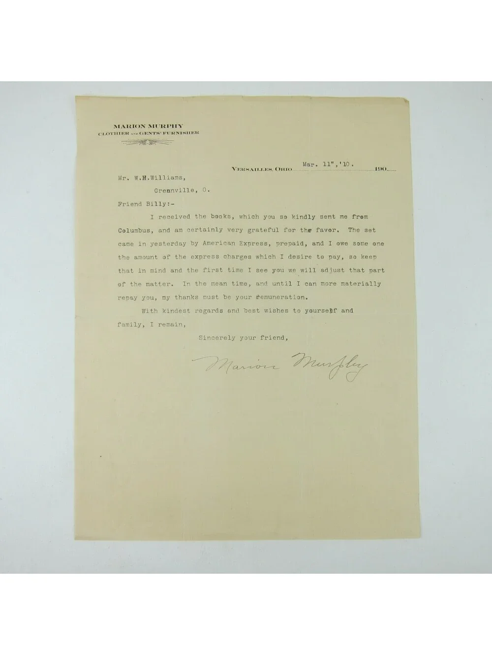 Letterhead Marion Murphy Clothier Versailles Ohio to W.H. Williams Antique 1910